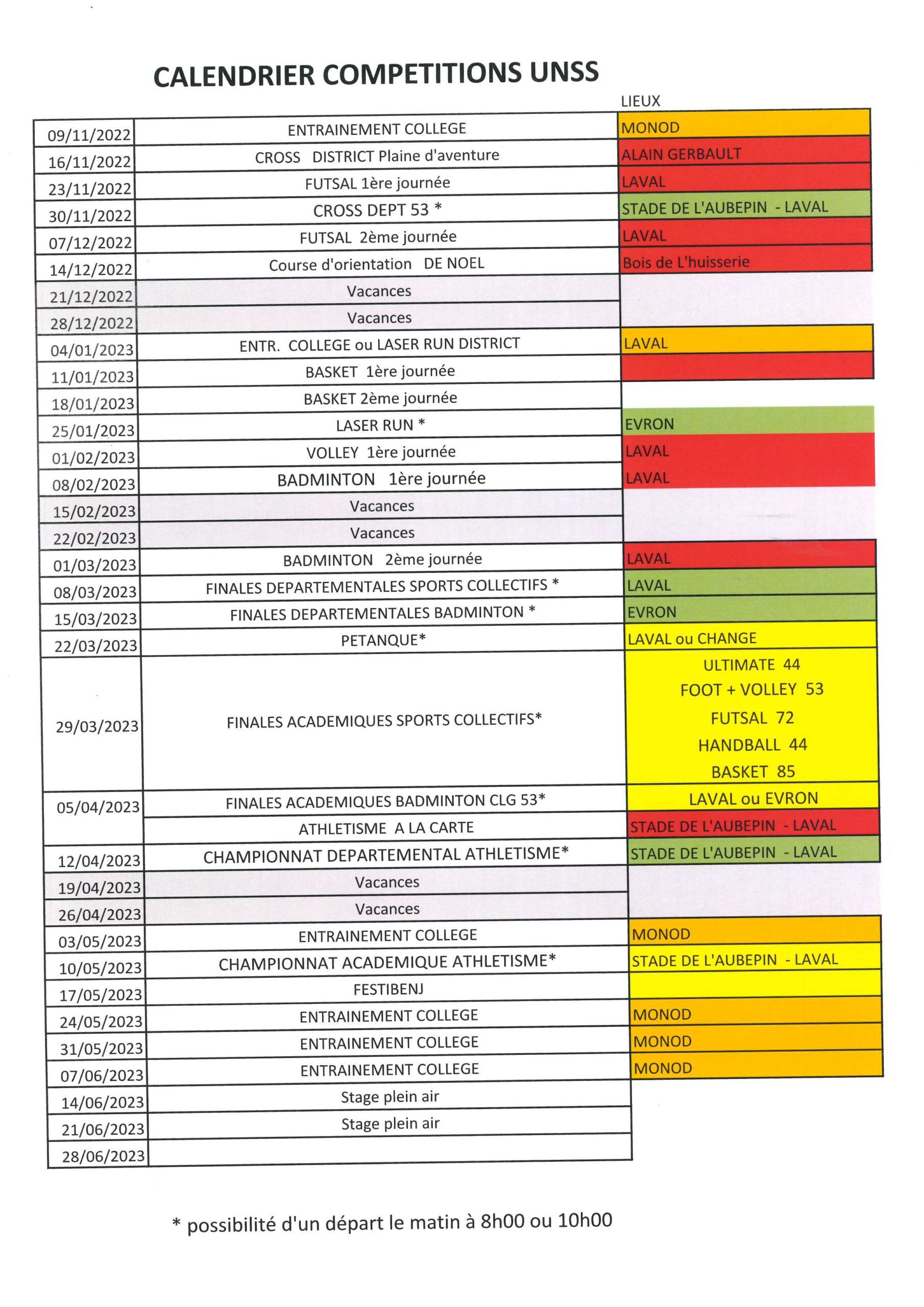 Calendrier UNSS 2022/2023 | Collège Jacques Monod